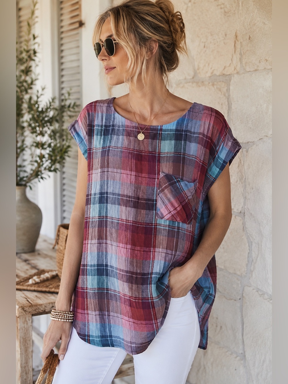Anthropologie Akemi + Kin Plaid Gauze Tunic Blouse | Cotton Top | Size Small